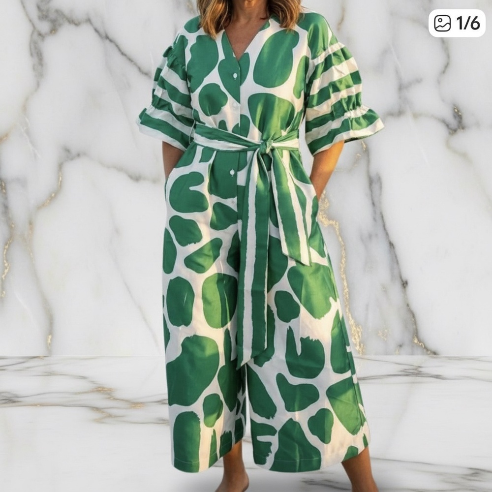 A356 Nancy Modern Boho Green Abstract Print Belted Resort Chic Midi Dress NWT L - Picture 4 of 9